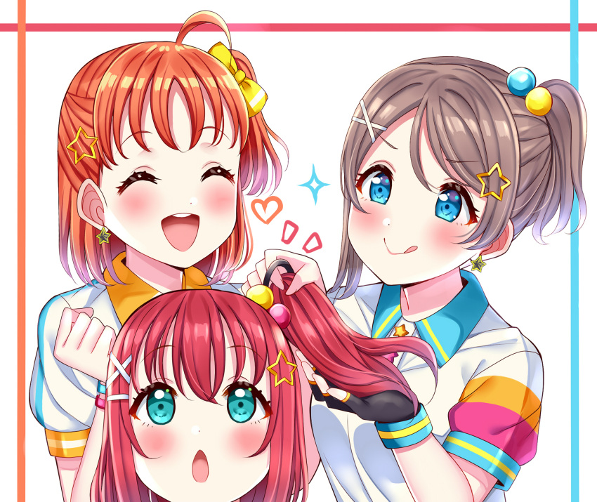 alternate_hairstyle, blue_eyes, blush, braveheart_coaster, brown_hair, collar, cyaron!_(love_live!), gloves