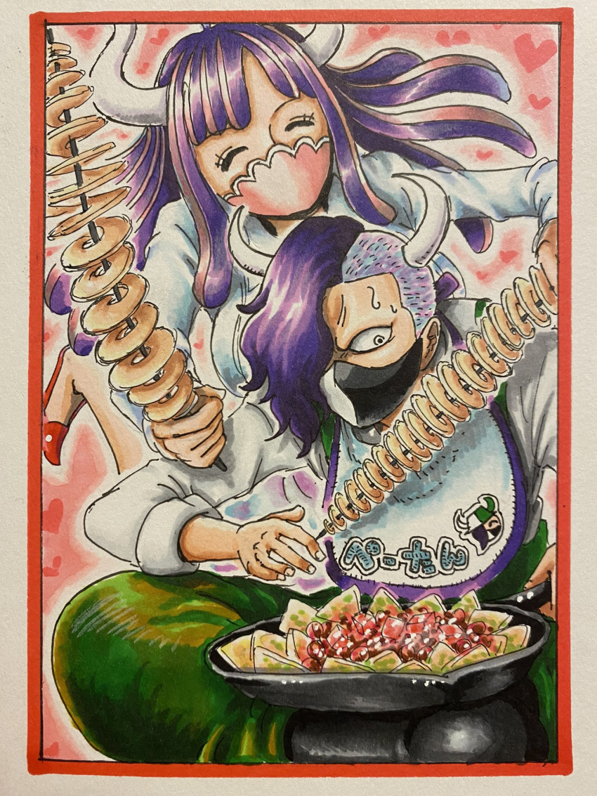 1boy, 1girl, ^_^, brother_and_sister, closed_eyes, daichan_op, food, green_pants