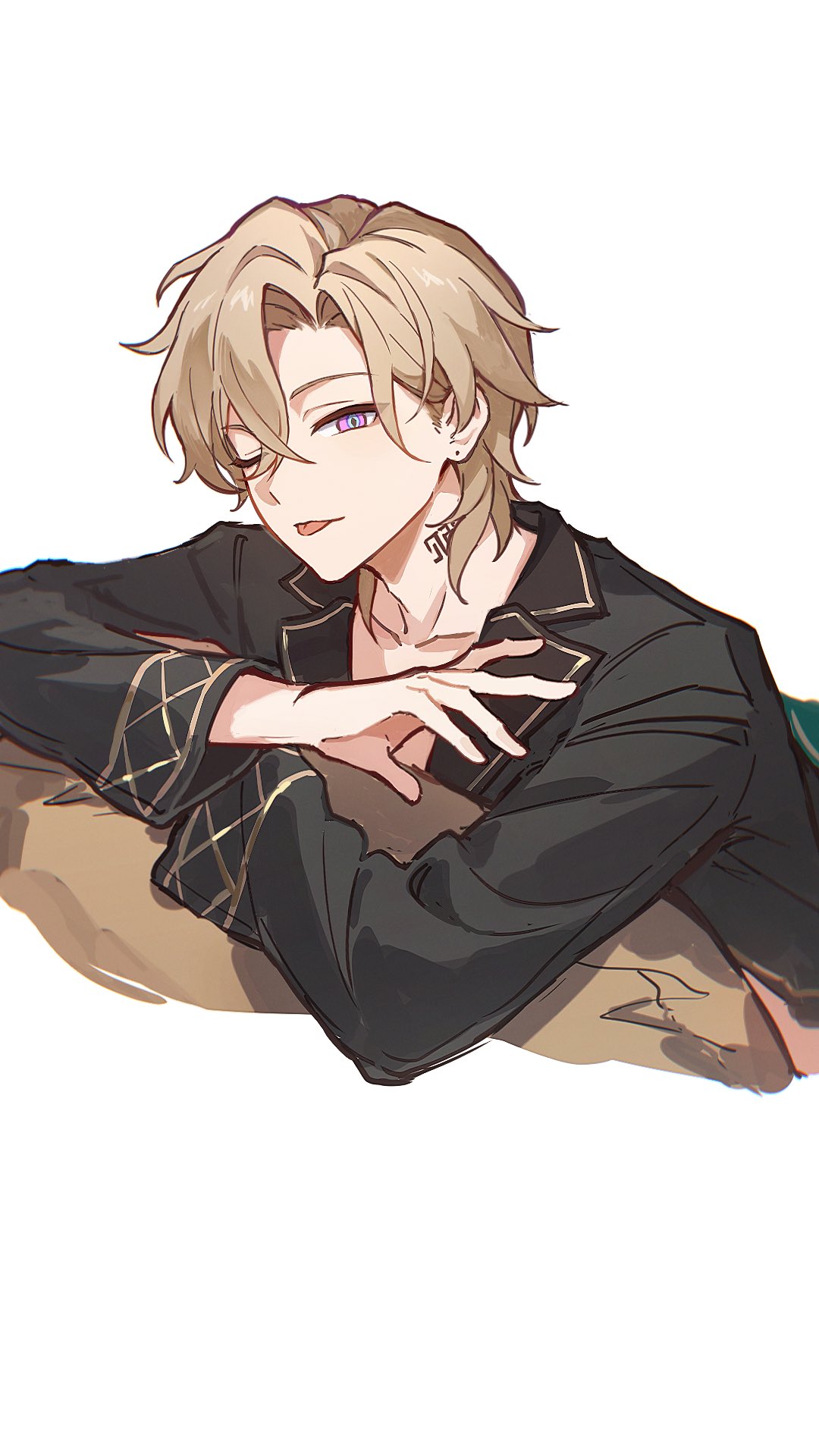 1boy, ;p, aventurine_(anan)_(honkai:_star_rail), aventurine_(honkai:_star_rail), black_pajamas, black_shirt, blonde_hair, blue_eyes