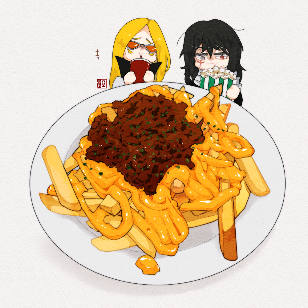 2boys, black_hair, blonde_hair, boku_no_hero_academia, cheese, chili_con_carne, chili_fries, cup