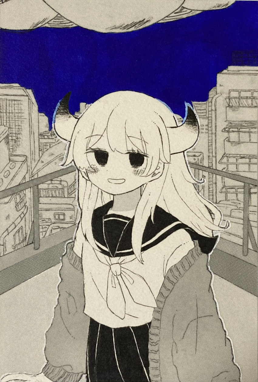 1girl, black_eyes, blue_background, blue_sky, cardigan, cardigan_partially_removed, cevio, city