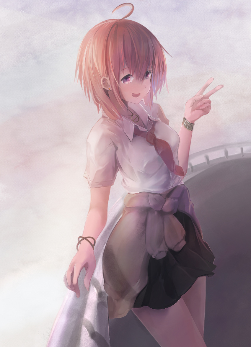 1girl, ahoge, black_skirt, blurry, blurry_background, clothes_around_waist, fudou_yukimitsu_(tenka_hyakken), hamu111