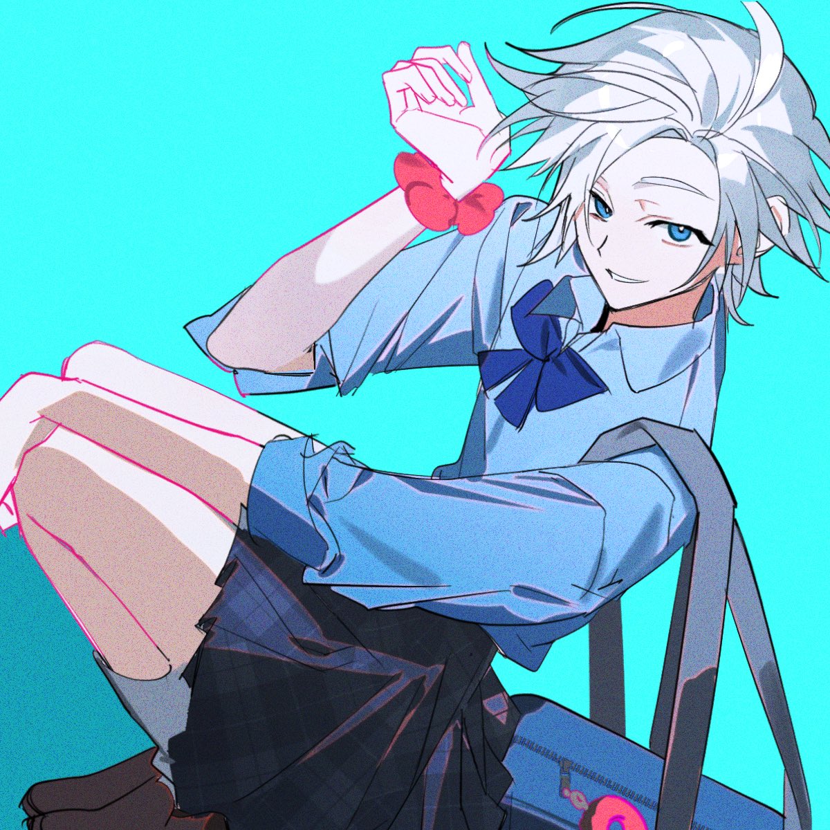 1boy, aqua_background, bag, black_skirt, blue_eyes, blue_ribbon, blue_shirt, brown_footwear, commentary_request, crossdressing, film_grain, grey_socks, highres, kanou_aogu, kneeling, korean_commentary, male_focus, miniskirt, neck_ribbon, pink_scrunchie, plaid_clothes, plaid_skirt, pleated_skirt, ribbon, saibou_shinkyoku, school_bag, school_uniform, scrunchie, shirt, short_hair, simple_background, skirt, sleeves_rolled_up, smile, socks, solo, white_hair, wrist_scrunchie, yeopmaesa