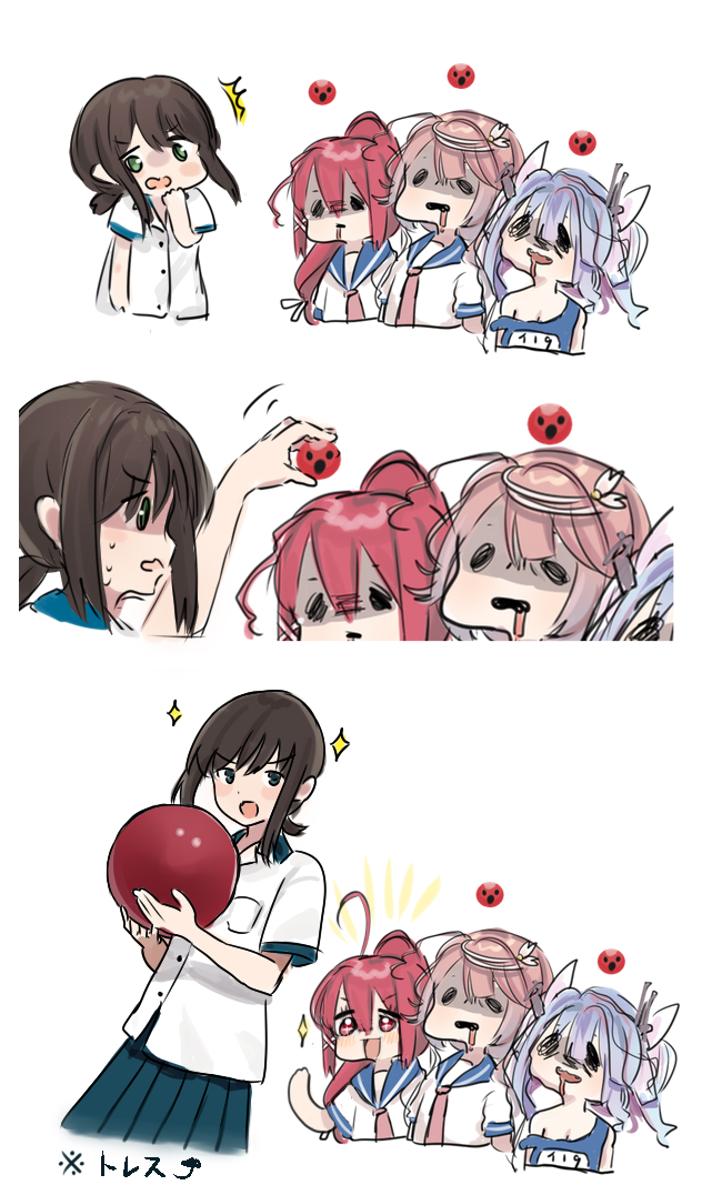 4girls, ball, blue_hair, blue_sailor_collar, blue_skirt, bowling_ball, collared_shirt, cowboy_shot