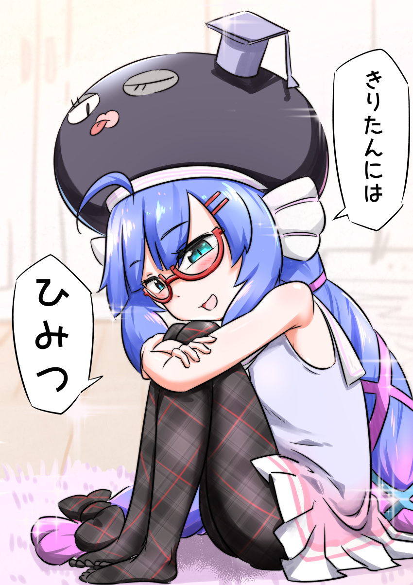 1girl, :d, absurdres, bare_arms, bare_shoulders, black_hat, blue_dress, blue_eyes