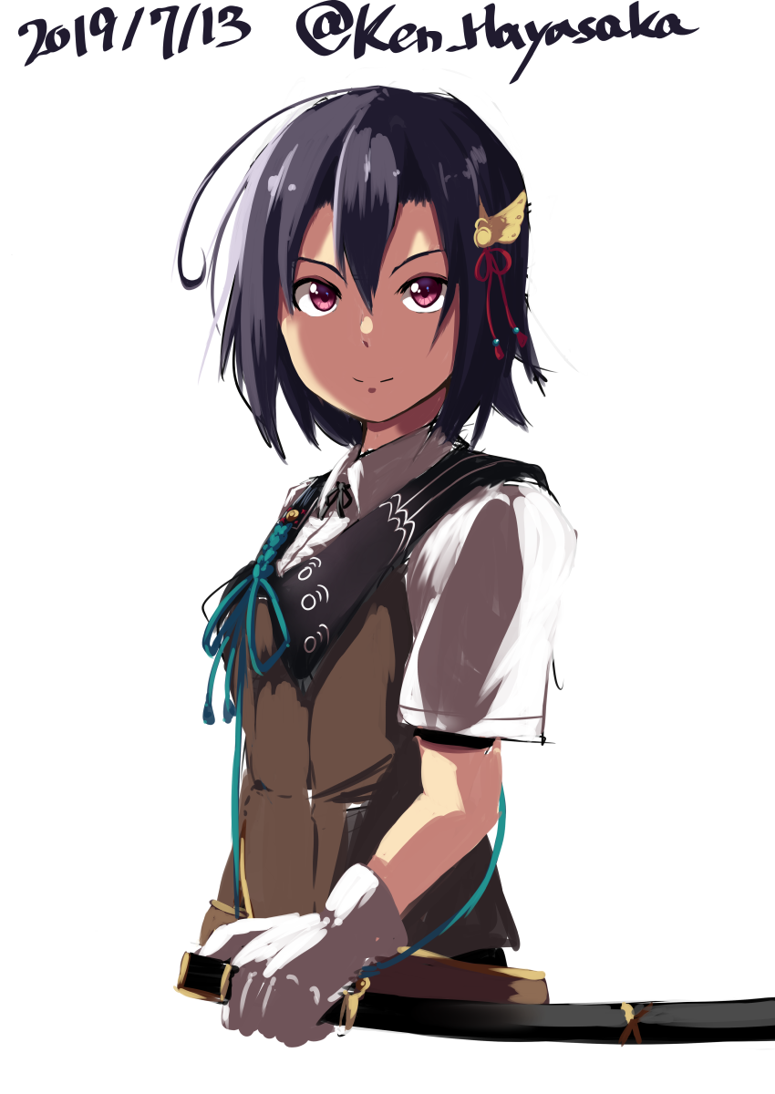 1girl, black_hair, brown_vest, closed_mouth, commentary_request, dated, gloves, hair_ornament