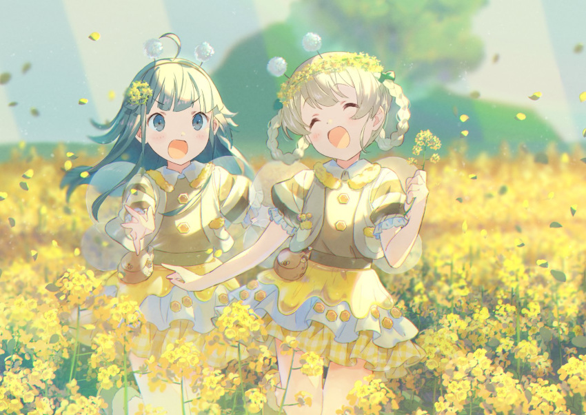 2girls, ahoge, bee_costume, belt_pouch, blonde_hair, blue_eyes, child, day