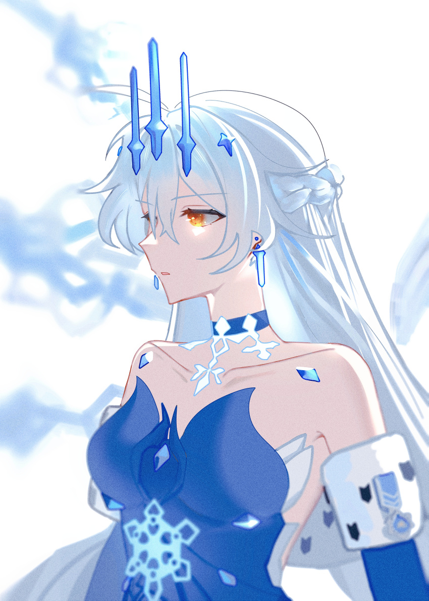 1girl, absurdres, ahoge, armpit_crease, bare_shoulders, blue_choker, blue_dress, blurry
