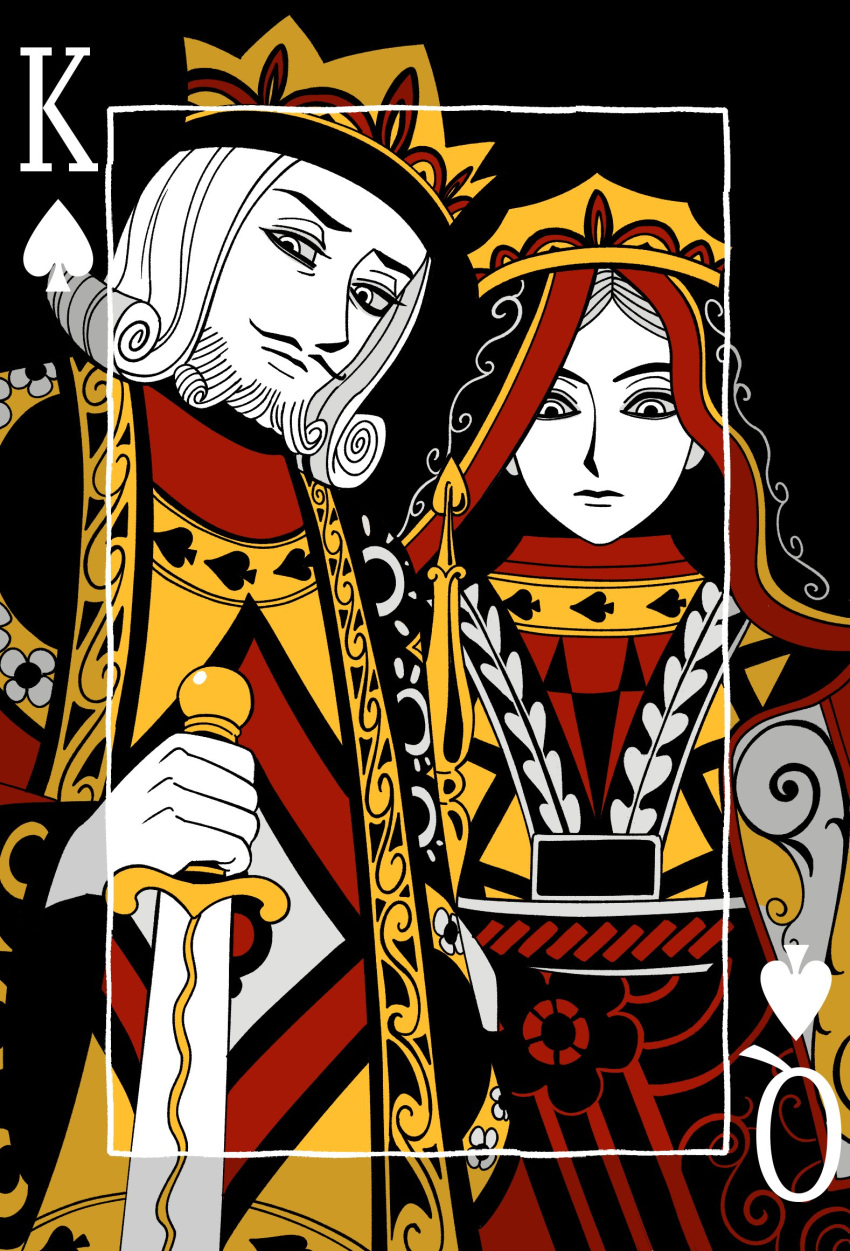 1boy, 1girl, beard, black_background, black_veil, card, colored_skin, crown, expressionless, facial_hair, flat_color, highres, holding, holding_sword, holding_weapon, jadoochicken, king, king_(playing_card), king_of_spades, long_hair, looking_at_viewer, multicolored_robe, mustache, original, playing_card, queen, queen_(playing_card), queen_of_spades, robe, sword, upper_body, veil, weapon, white_hair, white_skin, yellow_robe