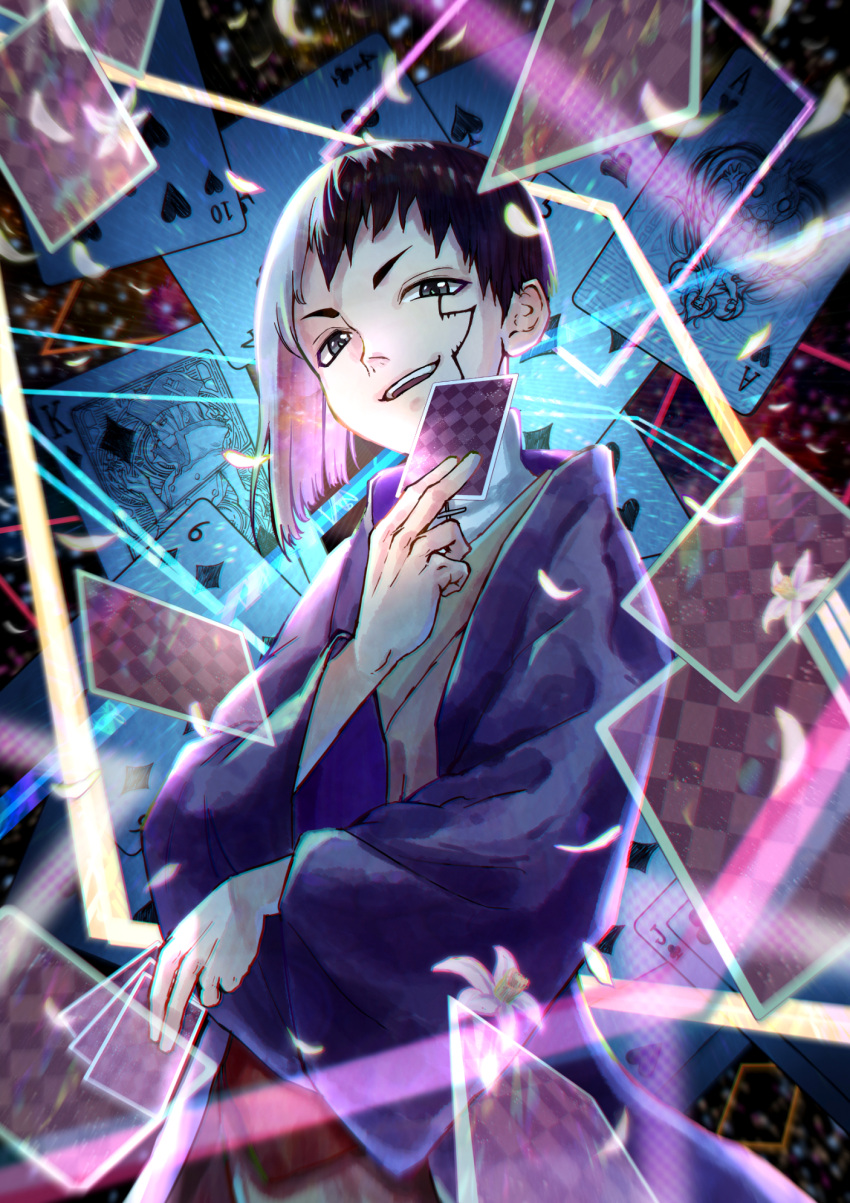 1girl, 2boys, abstract_background, ace_(playing_card), ace_of_hearts, asagiri_gen, black_hair, card
