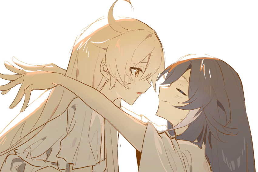 2girls, ahoge, arms_up, baggy_clothes, bare_arms, close-up, closed_eyes, closed_mouth