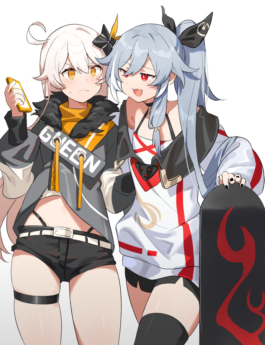 2girls, absurdres, ahoge, arm_up, bare_shoulders, black_nails, black_shorts, black_thighhighs