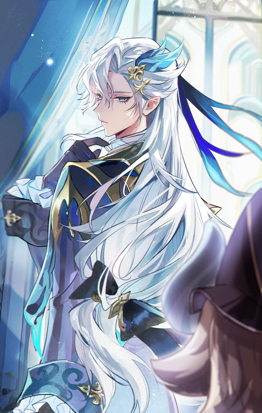 1boy, 1girl, asymmetrical_bangs, black_bow, black_gloves, blue_coat, blue_eyeliner, blue_hair
