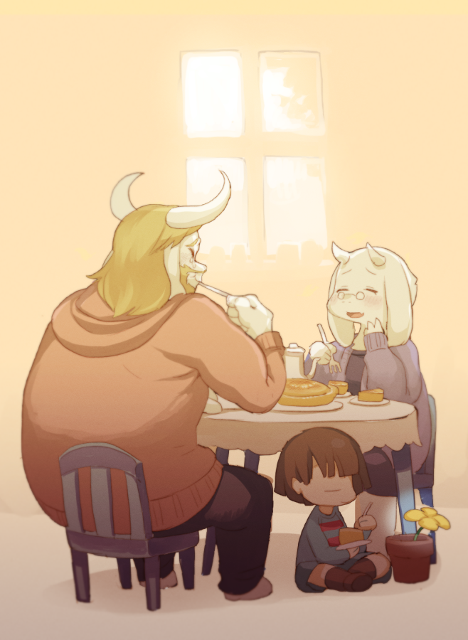 1boy, 1girl, 1other, animal_ears, asgore_dreemurr, beard, black_pants, blonde_hair