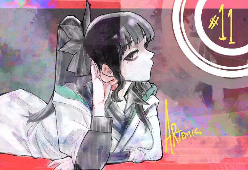arm_support, artemis_of_the_blue, atelier_live, black_eyes, black_hair, blunt_bangs, ca.cakil, character_name