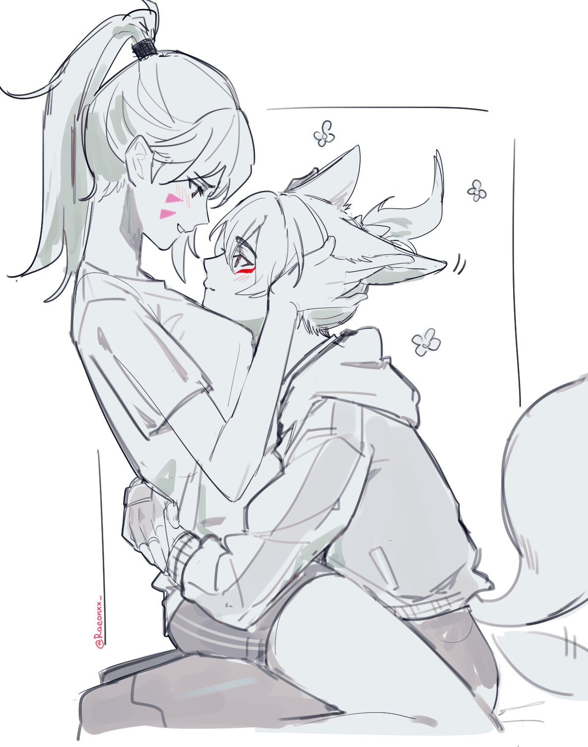 2girls, animal_ears, blush, closed_mouth, commentary, d.va_(overwatch), facial_mark, fingerless_gloves, fox_ears, fox_girl, fox_tail, gloves, greyscale, hand_on_another's_head, head_on_chest, highres, hug, jacket, kiriko_(overwatch), long_hair, long_sleeves, monochrome, multiple_girls, overwatch, overwatch_2, ponytail, rae_(raeonxx), shirt, short_sleeves, sitting, sitting_on_lap, sitting_on_person, smile, spot_color, tail, tail_wagging, twitter_username, yuri