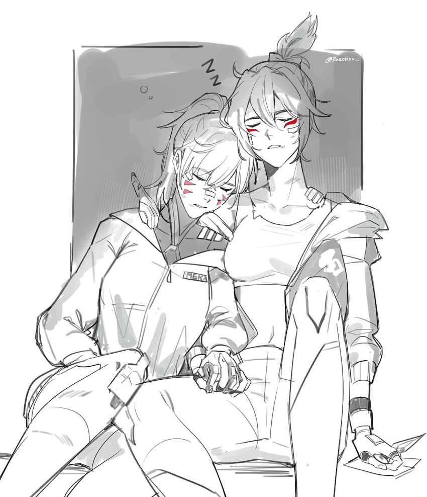 2girls, bandage_on_neck, closed_eyes, commentary, crop_top, d.va_(overwatch), facial_mark, greyscale, hashtag-only_commentary, head_on_another's_shoulder, highres, holding_hands, interlocked_fingers, jacket, kiriko_(overwatch), long_sleeves, midriff, monochrome, multiple_girls, overwatch, overwatch_2, pants, parted_lips, ponytail, rae_(raeonxx), sitting, sleeping, sleeping_on_person, spot_color, yuri, zzz