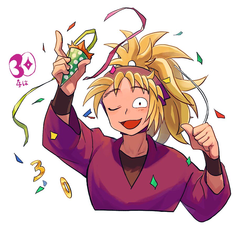 1boy, ;3, ;d, arm_up, black_undershirt, blonde_hair, chasenmage, confetti