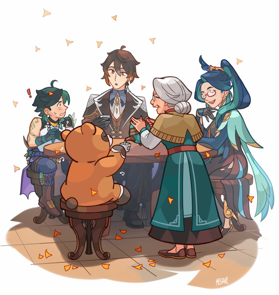 !, 1other, 2boys, 2girls, ahoge, black_gloves, brown_hair, falling_leaves, full_body, genshin_impact, glasses, gloves, grey_hair, guoba_(genshin_impact), leaf, long_hair, madame_ping_(genshin_impact), megane98, multiple_boys, multiple_girls, open_mouth, short_hair, sitting, sweat, table, xianyun_(genshin_impact), xiao_(genshin_impact), zhongli_(genshin_impact)