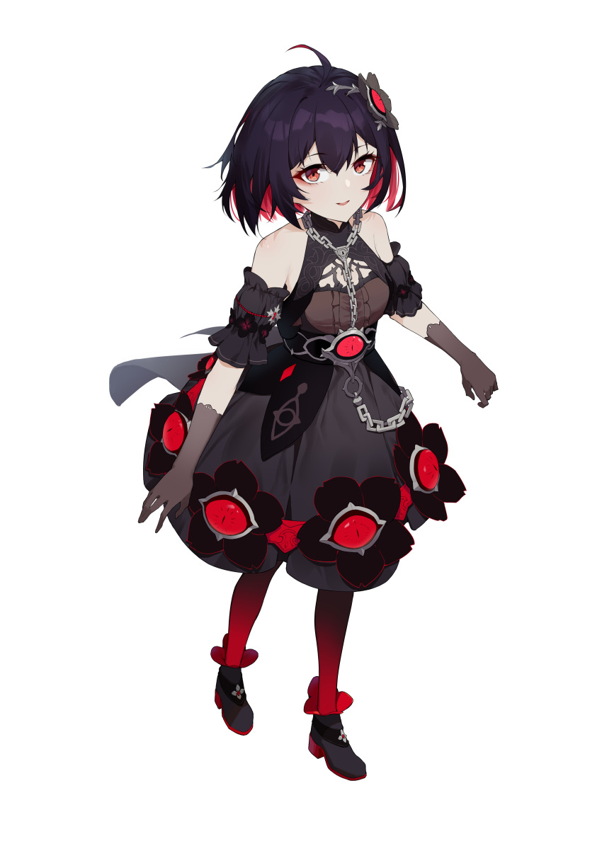 1girl, absurdres, ahoge, bare_shoulders, black_dress, black_flower, black_footwear, black_gloves