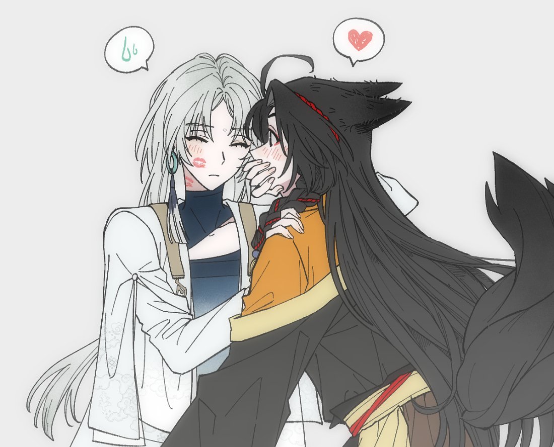 2girls, animal_ears, black_hair, black_robe, blush, closed_eyes, closed_mouth, covering_another's_mouth