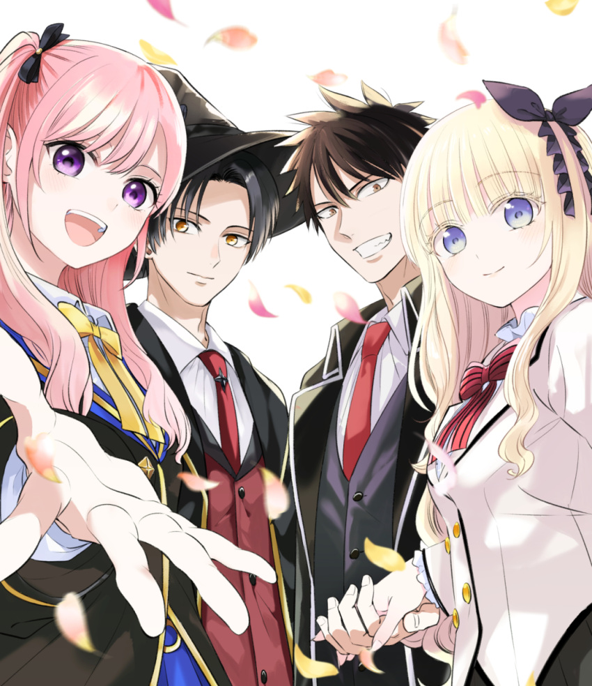 2boys, 2girls, :d, black_bow, black_hair, black_hat, black_jacket, black_robe