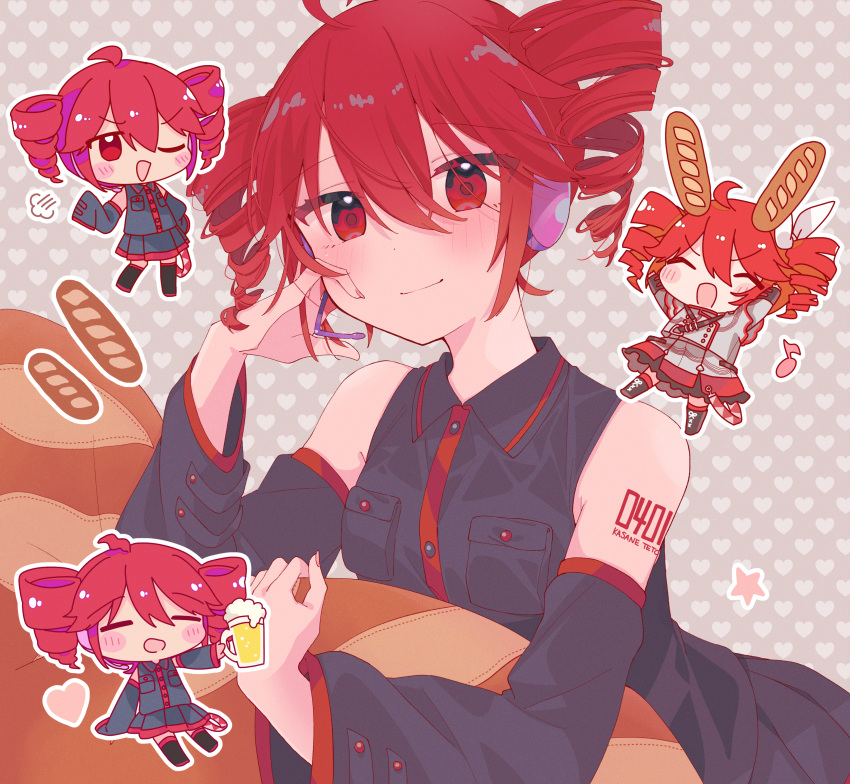 1girl, =_=, absurdres, ahoge, arm_tattoo, armpit_crease, baguette, bare_shoulders