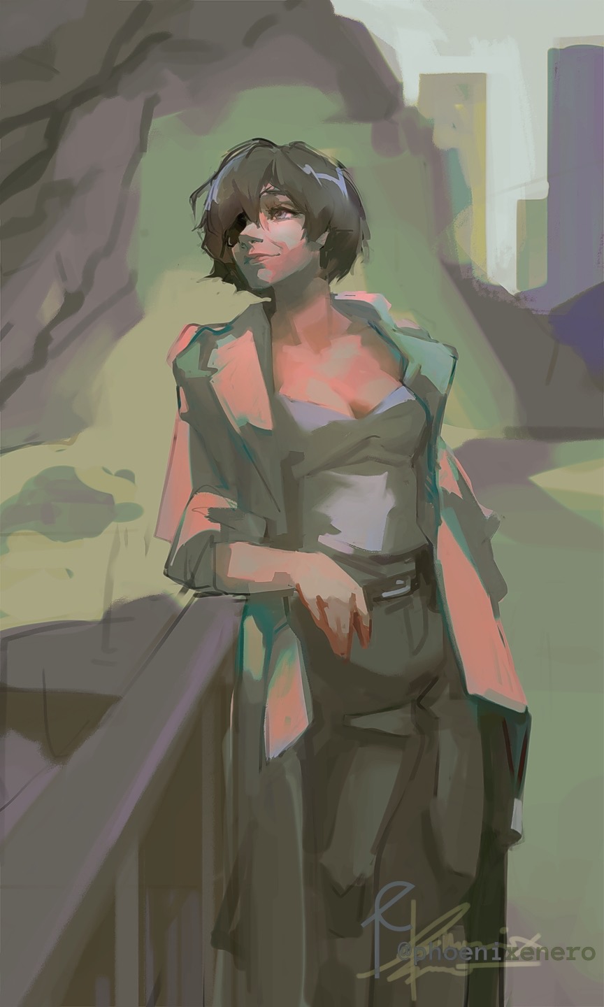 1girl, arm_support, artist_name, belt, black_hair, black_pants, chainsaw_man, coat