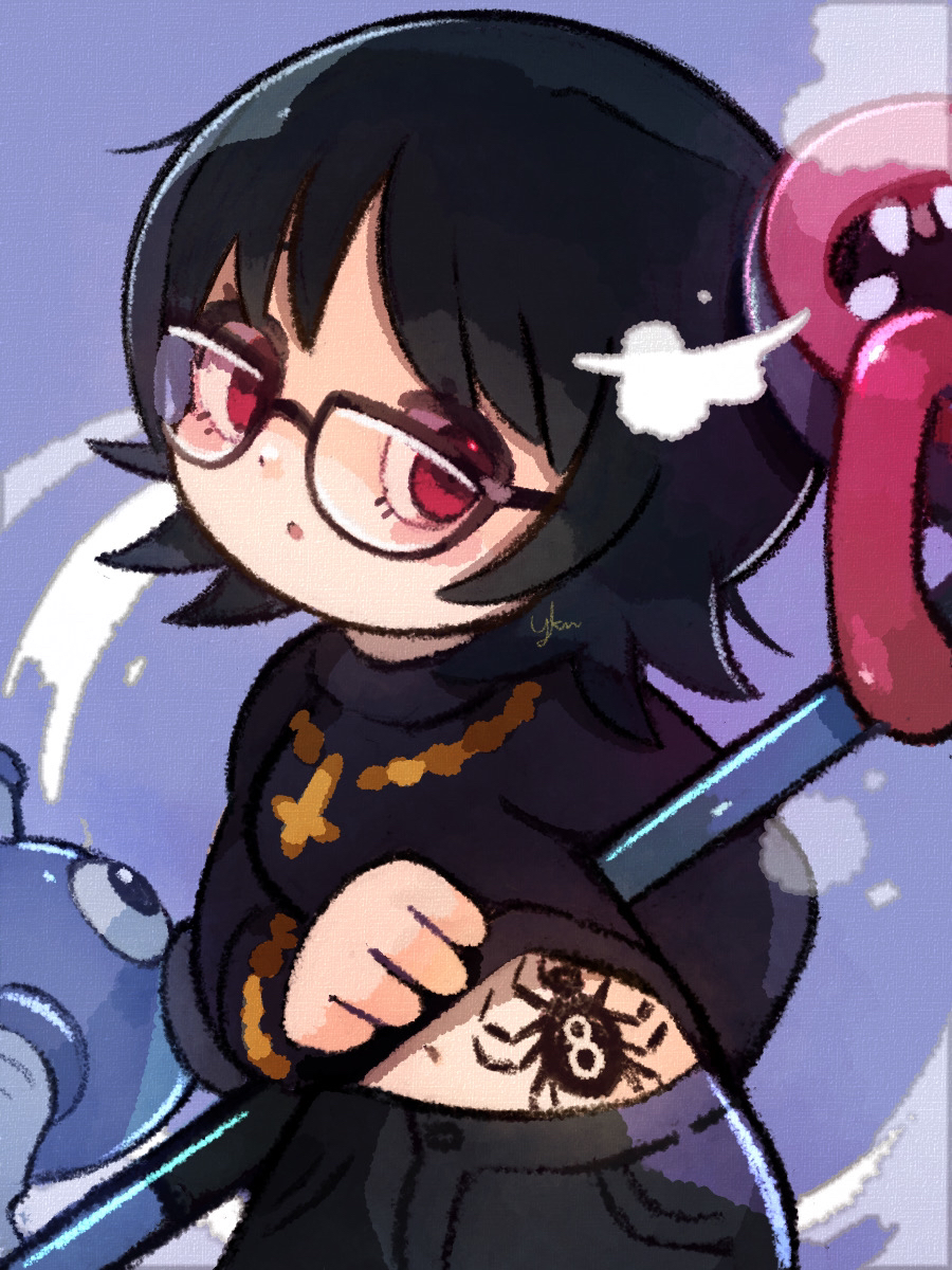 1girl, :o, bespectacled, black_hair, blinky_(hunter_x_hunter), blush_stickers, dot_nose, glasses