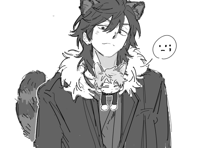 2boys, animal_ears, atou_haruki, closed_eyes, closed_mouth, commentary, fur-trimmed_jacket, fur_trim, gigantea_pp, greyscale, hair_between_eyes, highres, isoi_reiji, jacket, jaggy_lines, kemonomimi_mode, male_focus, medium_hair, mini_person, miniboy, monochrome, multiple_boys, open_clothes, open_jacket, raccoon_boy, raccoon_ears, raccoon_tail, saibou_shinkyoku, shirt, short_hair, sketch, smile, spoken_expression, sweat, symbol-only_commentary, tail