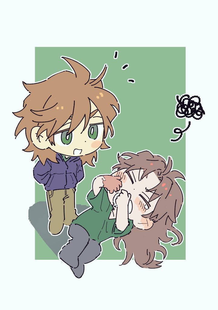 2boys, blue_jacket, bright_pupils, brown_hair, brown_pants, burn_scar, chibi, chibi_only, closed_eyes, commentary_request, gigantea_pp, green_eyes, green_shirt, grey_pants, hands_in_pockets, isoi_reiji, jacket, korean_commentary, long_hair, long_sleeves, lying, male_focus, medium_hair, multiple_boys, notice_lines, on_side, open_clothes, open_jacket, open_mouth, outline, pants, parted_bangs, saibou_shinkyoku, scar, scar_on_hand, shirt, short_sleeves, smile, squiggle, t-shirt, teardrop, v-neck, white_outline, white_pupils