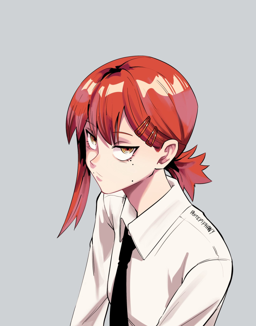 1girl, black_necktie, chainsaw_man, collared_shirt, cosplay, grey_background, hair_ornament, hairclip, higashiyama_kobeni, higashiyama_kobeni_(cosplay), highres, makima_(chainsaw_man), mole, mole_on_cheek, mole_under_eye, multiple_moles, necktie, pastepiphany, redhead, ringed_eyes, shirt, short_ponytail, simple_background, single_sidelock, solo, white_shirt, yellow_eyes