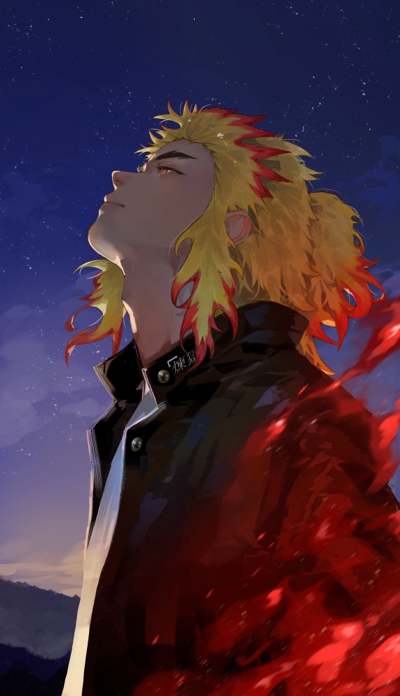 1boy, black_jacket, blonde_hair, closed_mouth, colored_tips, jacket, kimetsu_no_yaiba, looking_up, male_focus, multicolored_hair, night, night_sky, niri_(eunhaha02), outdoors, red_eyes, redhead, rengoku_kyoujurou, shirt, sky, solo, white_shirt