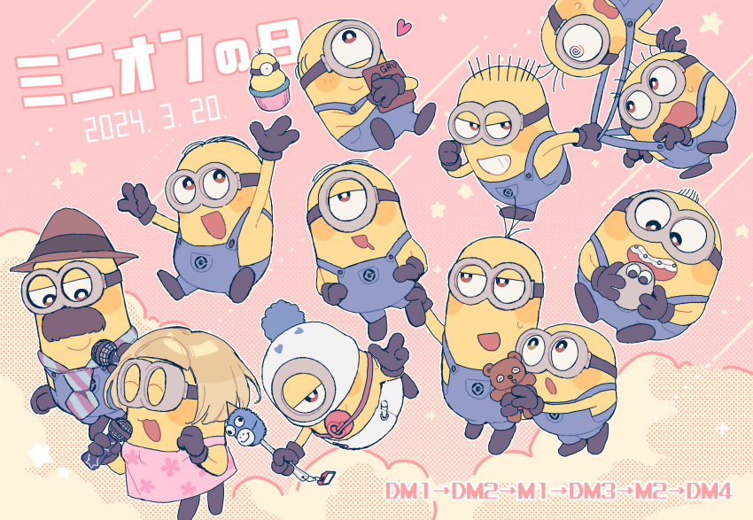 ake_blood, black_gloves, blonde_hair, blue_overalls, bob_(despicable_me), book, brown_eyes, colored_skin