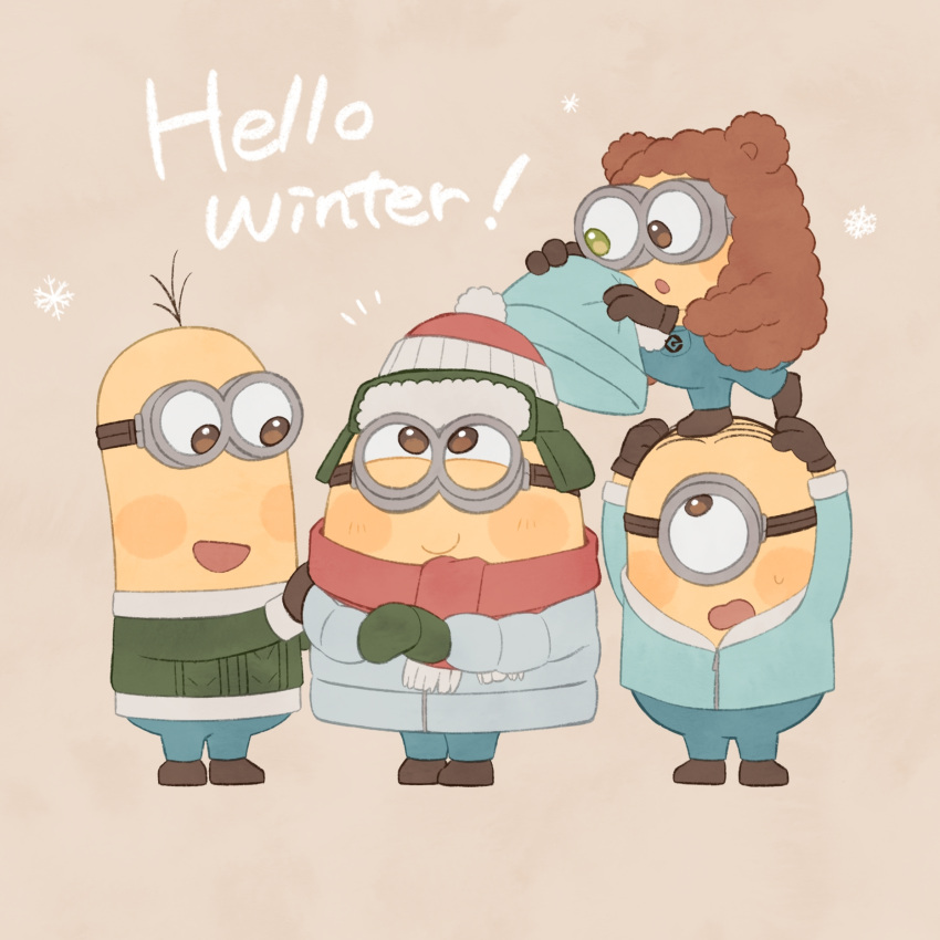 ake_blood, beanie, black_gloves, blue_jacket, blue_overalls, bob_(despicable_me), brown_eyes, colored_skin