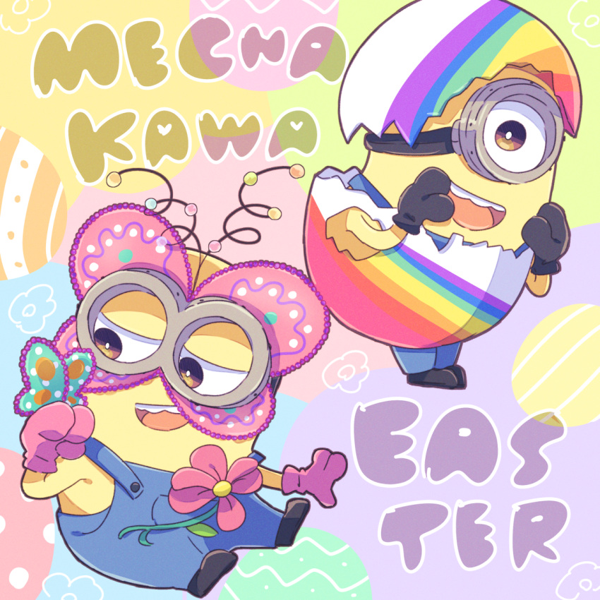 black_gloves, blue_overalls, brown_eyes, bug, butterfly, colored_skin, despicable_me, easter, egg_costume, gloves, goggles, green_eyes, minion_(despicable_me), minions_(movie), no_humans, one-eyed, overalls, pink_gloves, rainbow_print, shiro1030, yellow_skin