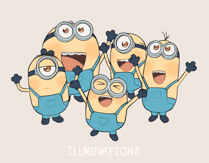 :d, ake_blood, arms_up, black_gloves, blue_overalls, bob_(despicable_me), braces, brown_eyes