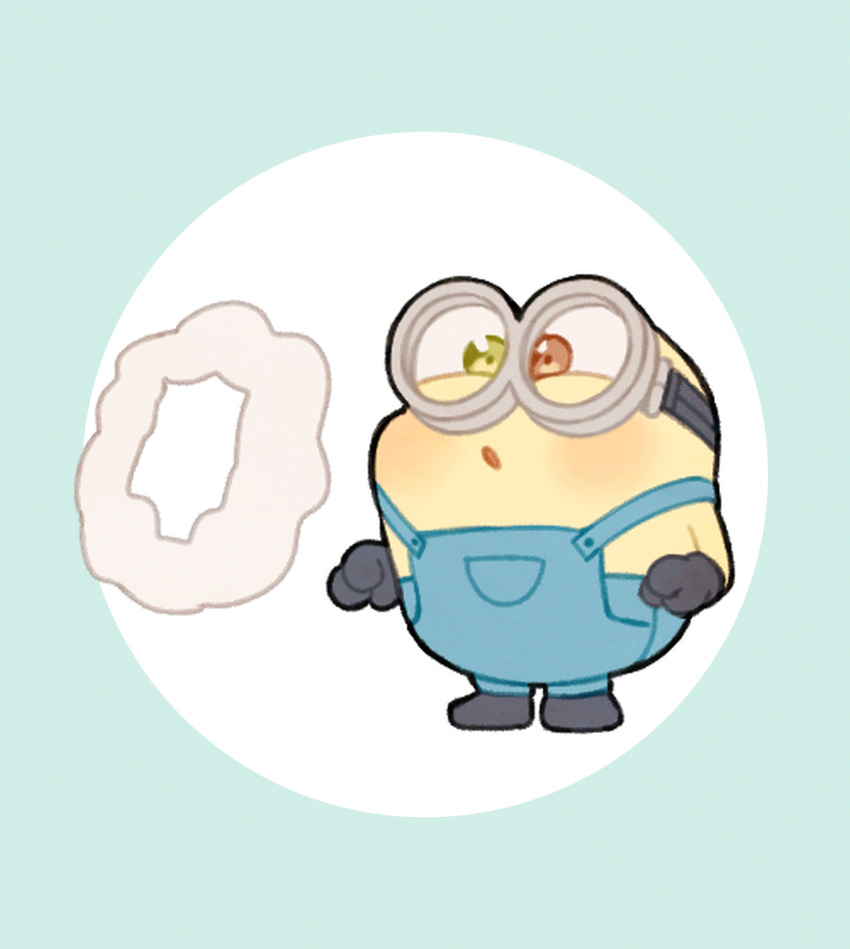 ake_blood, black_gloves, blowing, blue_overalls, bob_(despicable_me), brown_eyes, colored_skin, despicable_me