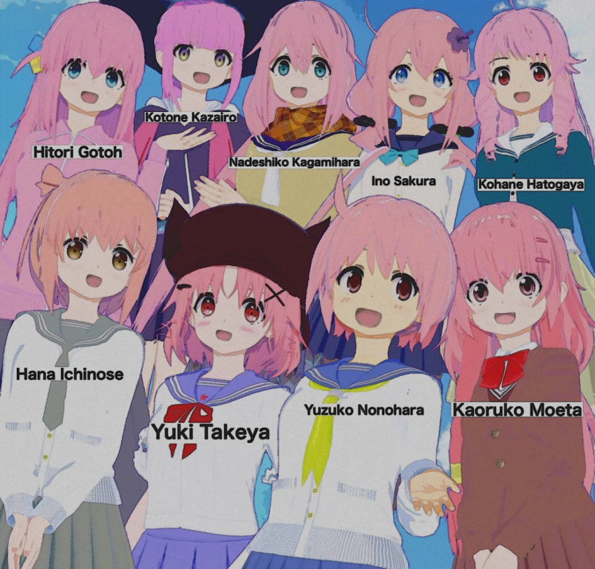 3d, 6+girls, anima_yell!, aqua_eyes, blue_dress, blue_eyes, blue_sailor_collar, bocchi_the_rock!, comic_girls, dress, gakkou_gurashi!, gotoh_hitori, grey_sailor_collar, hairband, hatoya_kohane, headband, ichinose_hana, jacket, kagamihara_nadeshiko, kazairo_kotone, kirara_fantasia, long_hair, mage, magic, magical_girl, moeta_kaoruko, multiple_girls, necktie, neckwear, nonohara_yuzuko, ochikobore_fruit_tart, pink_eyes, pink_hair, pink_jacket, purple_sailor_collar, red_eyes, rpg_fudousan, sailor_collar, sailor_dress, sakura_ino, school_uniform, shirt, skirt, slow_start, takeya_yuki, uniform, white_skirt, witch_hat, yellow_sailor_collar, yuri, yurucamp, yuyushiki