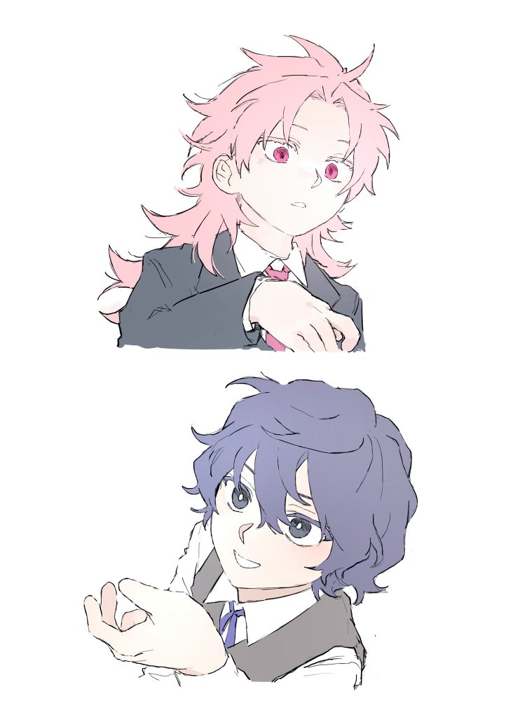 2boys, black_eyes, black_jacket, blue_eyes, blue_ribbon, bright_pupils, collared_shirt, colored_eyelashes