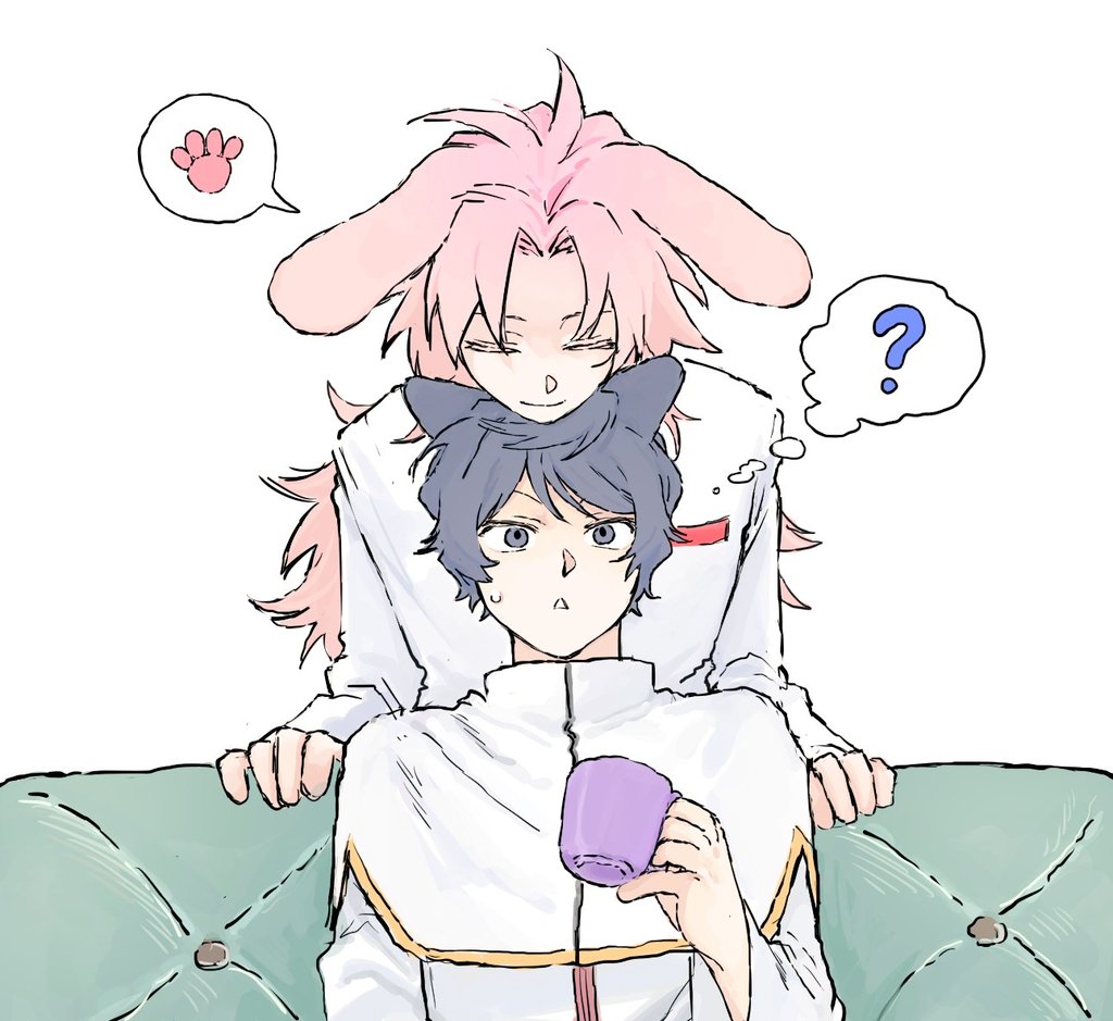2boys, ?, animal_ears, blue_eyes, blue_hair, capelet, cat_boy, cat_ears
