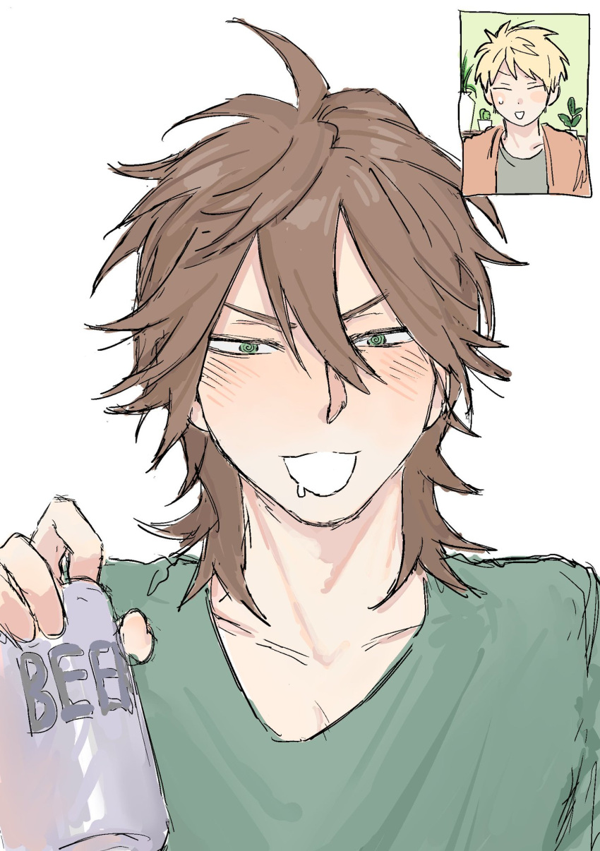2boys, @_@, atou_haruki, beer_can, black_shirt, blonde_hair, blush, brown_hair