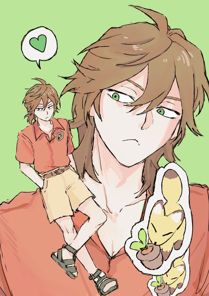 1boy, black_footwear, brown_hair, closed_mouth, collarbone, collared_shirt, fox, frown
