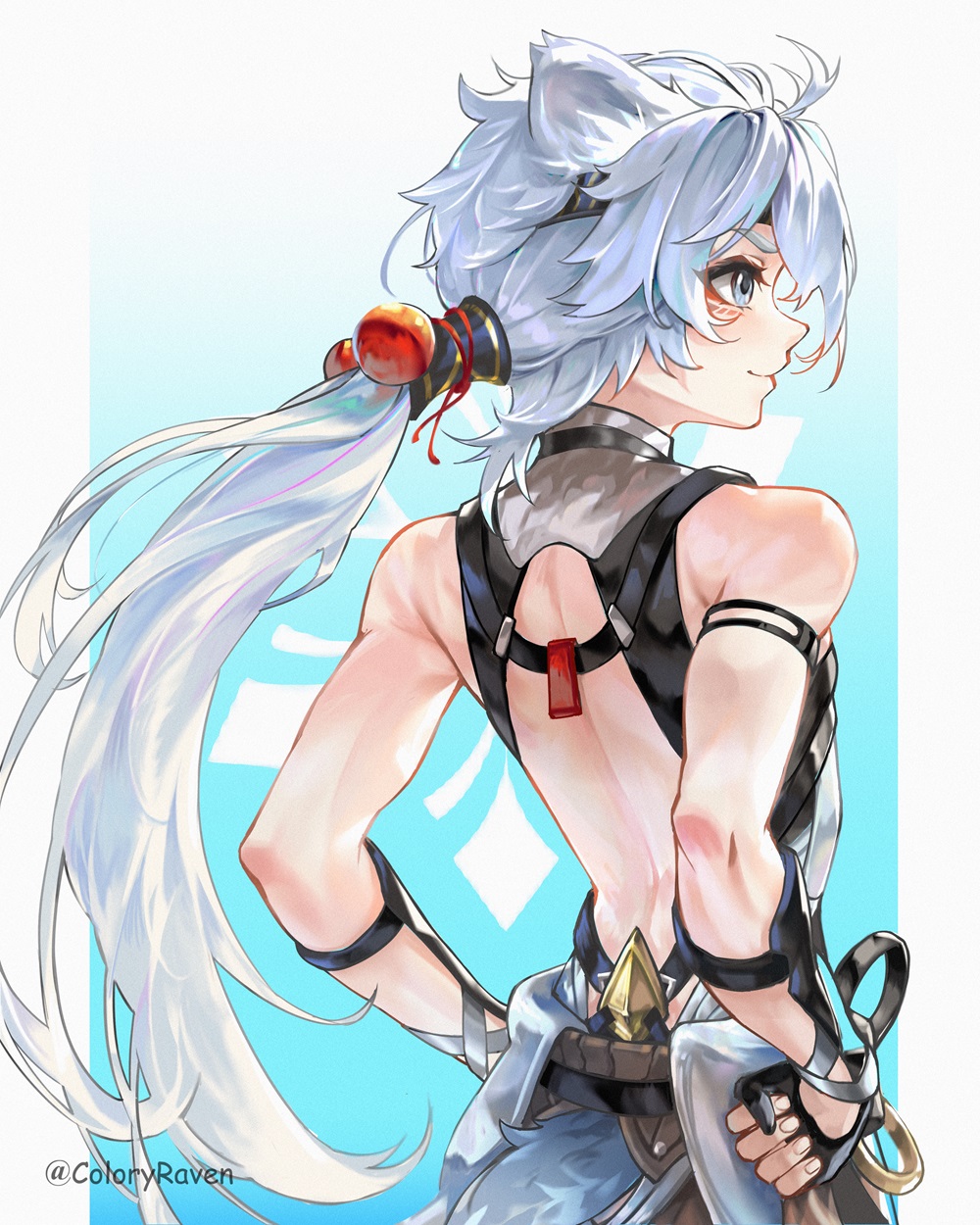 1boy, backless_outfit, coloryraven, cowboy_shot, detached_sleeves, from_behind, grey_eyes, highres, lingyang_(wuthering_waves), long_hair, looking_to_the_side, male_focus, ponytail, smile, solo, white_hair, wuthering_waves