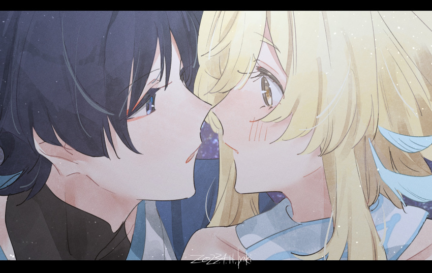 1boy, 1girl, black_hair, blonde_hair, blush, couple, from_side, genshin_impact