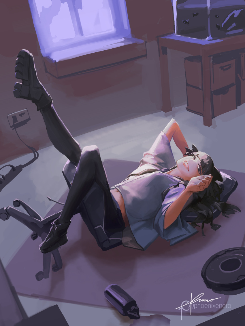 absurdres, artemis_of_the_blue, artist_name, atelier_live, black_footwear, black_pants, blunt_bangs, chair