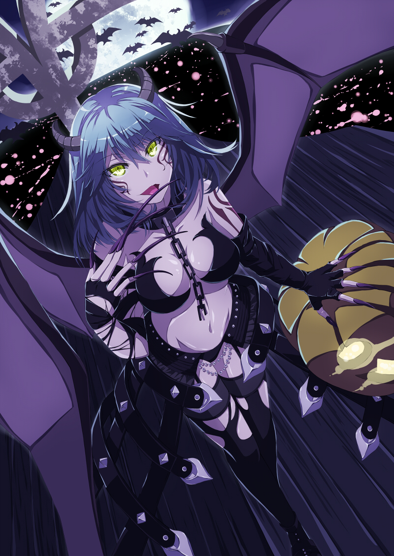 1girl, bat_wings, black_legwear, black_thighhighs, blue_hair, chain, collar, decchi_oyabun, demon_girl, elbow_gloves, female, fingerless_gloves, genjuu_hunter_illustration_contest, gloves, horns, moon, navel, original, solo, succubus, tattoo, thigh-highs, thighhighs, wings, yellow_eyes