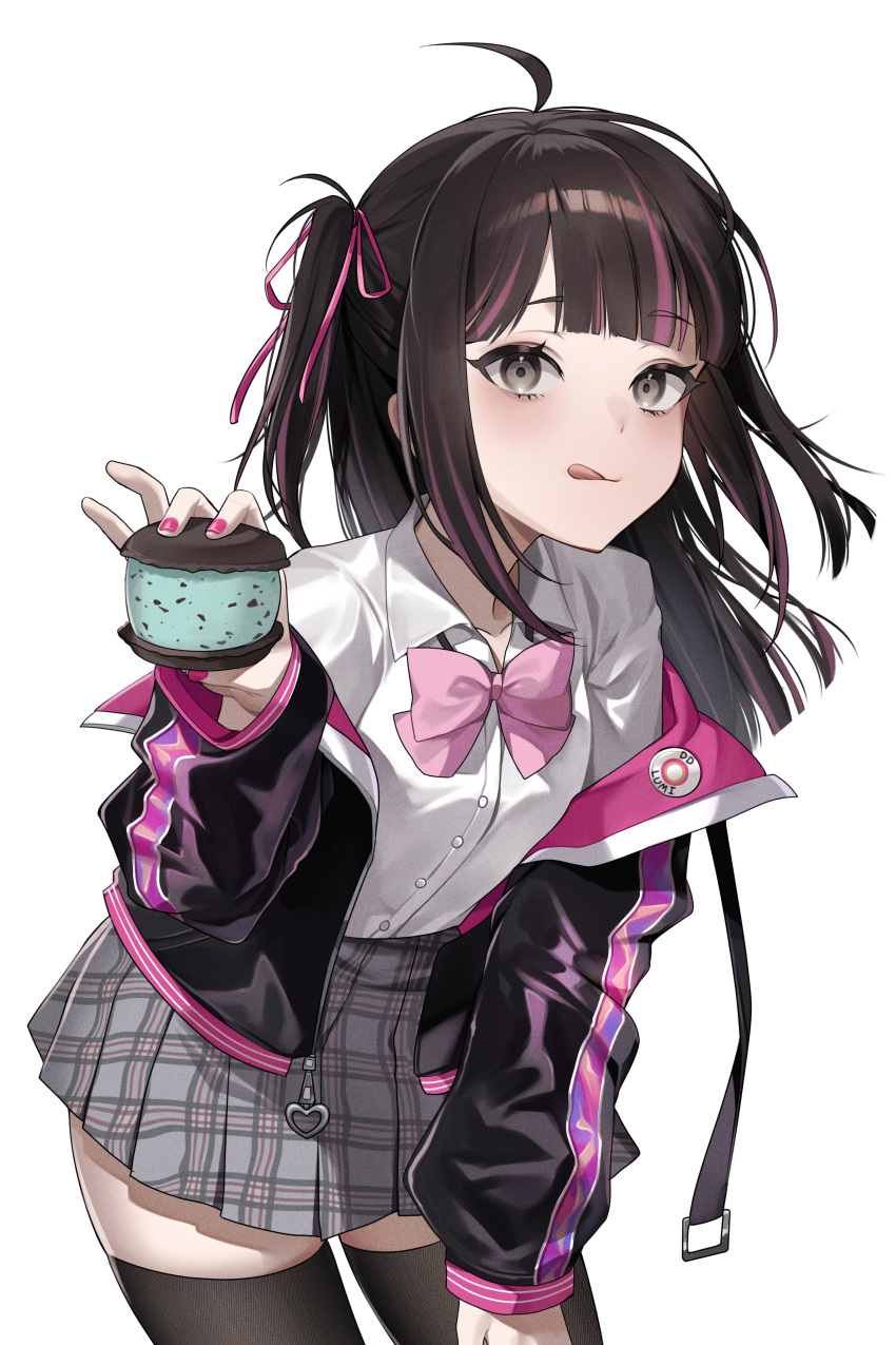 1girl, :q, absurdres, ahoge, black_hair, black_jacket, black_thighhighs, blunt_bangs, blunt_ends, bow, bowtie, collared_shirt, commentary, cowboy_shot, ddungddang, dress_shirt, food, grey_eyes, grey_skirt, heart, highres, ice_cream, ice_cream_sandwich, incoming_food, jacket, leaning_forward, long_hair, looking_at_viewer, miniskirt, mint_chocolate, multicolored_hair, nail_polish, off_shoulder, original, pink_bow, pink_bowtie, pink_nails, pink_ribbon, plaid_clothes, plaid_skirt, pleated_skirt, ribbon, shirt, shirt_tucked_in, simple_background, skirt, solo, standing, streaked_hair, symbol-only_commentary, thigh-highs, tongue, tongue_out, track_jacket, two_side_up, white_background, white_shirt, zipper_pull_tab