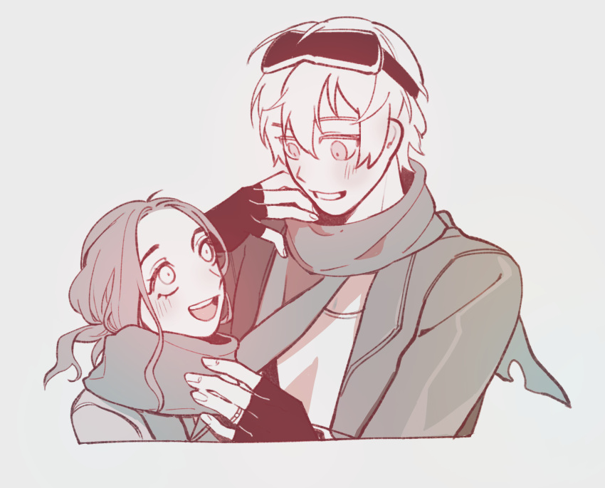 1boy, 1girl, adjusting_another's_clothes, adjusting_scarf, black_gloves, black_jacket, collared_jacket, commentary