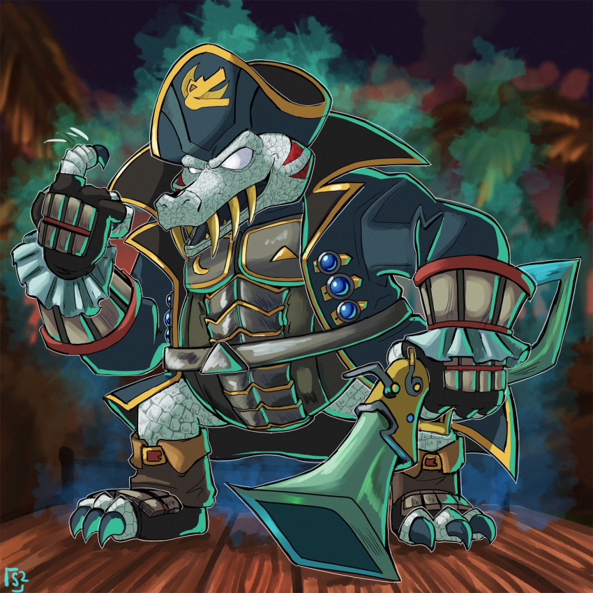 1boy, alternate_color, alternate_costume, alternate_eye_color, armor, aura, banana, banana_print